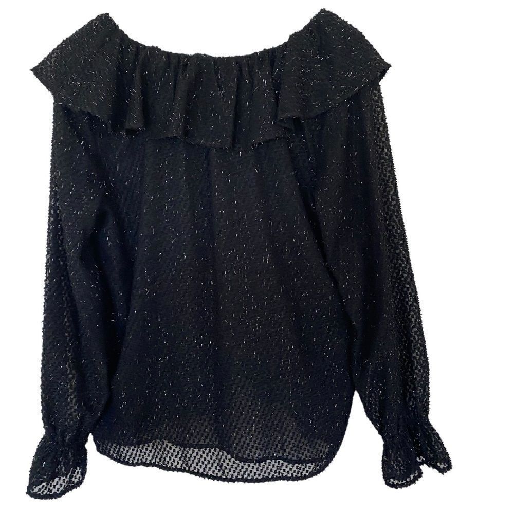 Loft NEW Medium long sleeve ruffle neck black sparkly ruffle sleeve